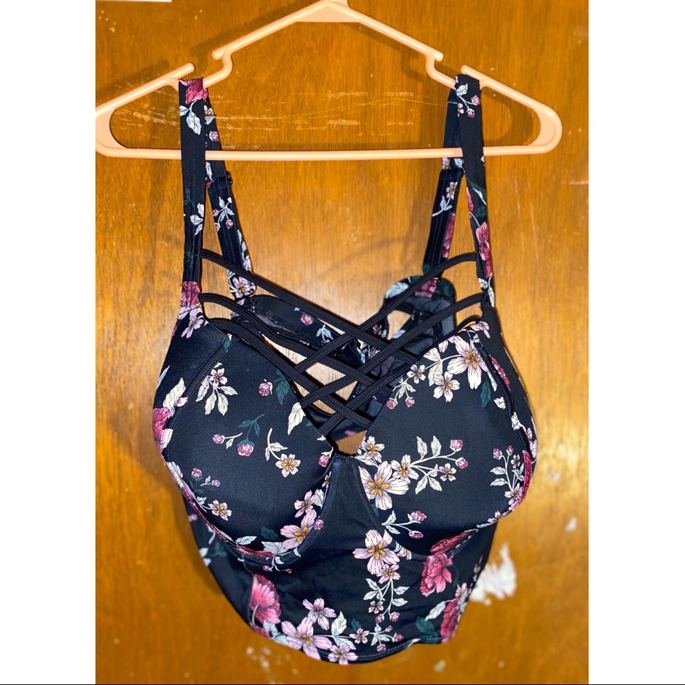 Black floral criss cross bikini top with underwire